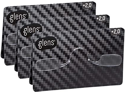 glens Unisex Armless Reading Glasses - 3 Reading Glasses +2.0 Carbon Pack- Emergency Lightweight Pocket Ultra Thin Readers