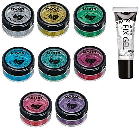 Moon Glitter Bio-Glitzerstreuer, 100 % kosmetischer Bio-Glitzer für Gesicht, Körper, Nägel, Haare und Lippen, 5 g, 8 Stück (Silber, Gold, Dunkelrosa, Grün, Blau, Lavendel, Rosa, biologisch abbaubar}