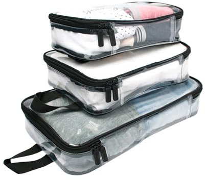 Miamica Packwürfel-Set – Reise-Organizer für Geschäftsreisen, Urlaub und Aufbewahrung zu Hause – leicht, langlebig mit Reißverschluss – kleine, mittelgroße, große Würfel, durchsichtig/schwarz, 3