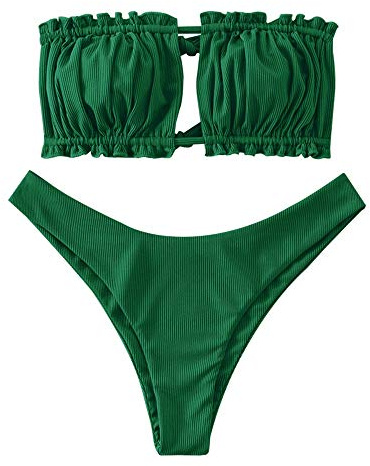 ZAFUL Ensemble bikini bandeau à épaules dénudées avec cordon de serrage et volants pour femme, Vert de mer moyen - A, S