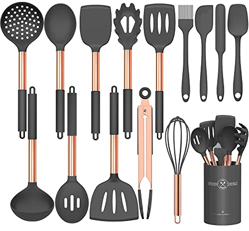 Umite Chef Silicone Cooking Utensil Set, 15pcs Non-Stick Silicone Rose Gold Handle Cooking Tools - Grey