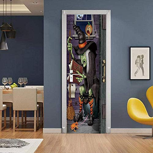 LuSeven stickers paroi de douche Noir sorcière jack-o'-lantern balai 90x215cm Stickers Porte Poster 3D pour Porte Cuisine Salon Chambre Salle De Bain Papier Peint Autocollants Porte 3D Porte Déco