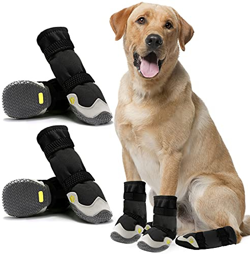 AQH Hundeschuhe, 4 Stück Atmungsaktive Stiefel für Hunde mit reflektierenden Riemen, Mikrofaser Leder Gummi Rhombische Sohle Hundepfotenschutz (C, 6#)