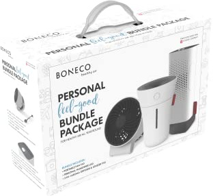 BONECO Persönliches Wohlfühl Bundle - Aroma Diffusor, Ultraschall Luftbefeuchter und Ventilator - für Büro, zu Hause oder unterwegs - USB-C Anschluss, weiß