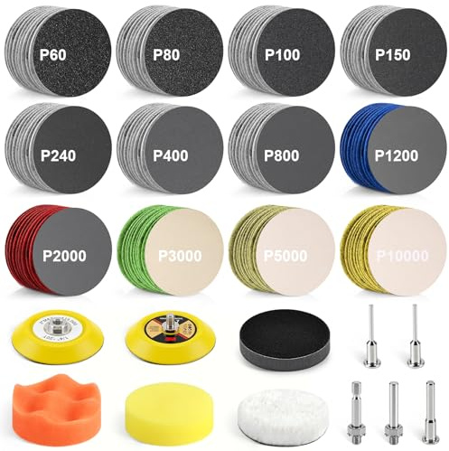 131 Stk 75 mm Nass-Trocken Schleifscheiben, 60-10000 Körnung Klett-Papier | Scheinwerfer Reparatur Kit Bohrer Schleifaufsatz Polier Kit mit Rotationswerkzeugen für Auo Metall Glas Harz Holz Schmuck