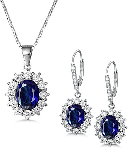 MASOP Silber Damen Schmuck Set, 925 Sterling Silber Saphir Schmuckset, Silber Blau Halskette und Ohrringe Set, Oval Anhänger mit 45 cm Damen Halskette & Ohrhänger, Prinzessin Diana Luxus Schmuck