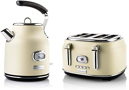 Westinghouse Retroline Frühstück-Set Weiß, Toaster & Wasserkocher, 1.7 Liter, Kalkfilter & Überhitzungsschutz, Vier Schlitz Toaster mit Brötchenaufsatz & Krümelschale