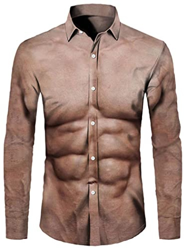 WEGUKRI La camisa fresca de los botones de la impresión del modelo 3D del músculo, los hombres imprimieron los tops largos de, Color 9, XXL