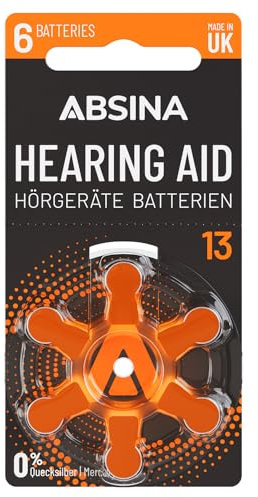 ABSINA Hörgerätebatterien 13 6 Stück mit gut greifbarer Schutzfolie - Hörgeräte Batterien 13 Zink Luft mit 1,45V - Typ 13 Batterien Hörgeräte Orange - PR48 ZL2 P13 Hörgerätebatterien