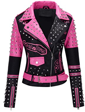 RISISSIDA Women Faux Leather Studded Moto Jacket Belted,Black-pink,76,XXL