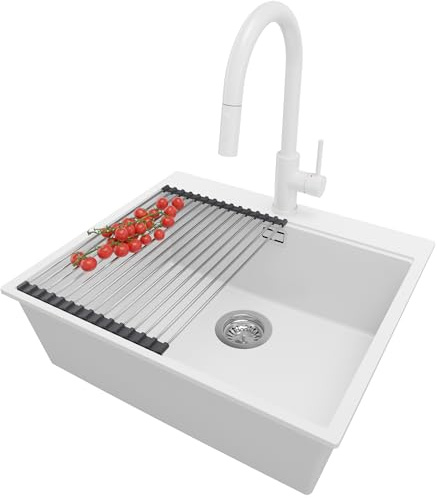 PRIMAGRAN Lavandino da Cucina al Mobile 60cm + Rubinetto, 58x50cm | Set: Rubinetto BW9010 + Kit di scarico + Scolapasta avvolgibile + Lavello in Granito a 1 Vasca - Oslo Top, Bianco