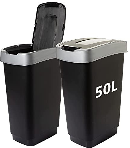 2friends Mülleimer Küche Abfalleimer mit Schwingdeckel, 2 Stück, Mülleimer 2 Fächer, je ca 50 l, 60 * 45 * 34 cm, Farbe: schwarz/silber; Made in EU
