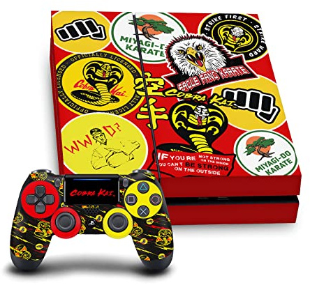 Head Case Designs Officially Licensed Cobra Kai Mixed Logos Iconic Vinyl Sticker Gaming Skin Decal Cover Compatible With Sony PlayStation 4 PS4 Console and DualShock 4 Controller Bundle
