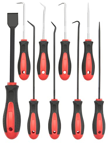 ROTATION 9-teilig Präzisions Haken Pick Set mit Schaber | CR-V Stahl, ergonomischer Griff. 9-tlg: 8 Haken (45-180°) + Schaber. O-Ringe Dichtungen Auto Elektronik.