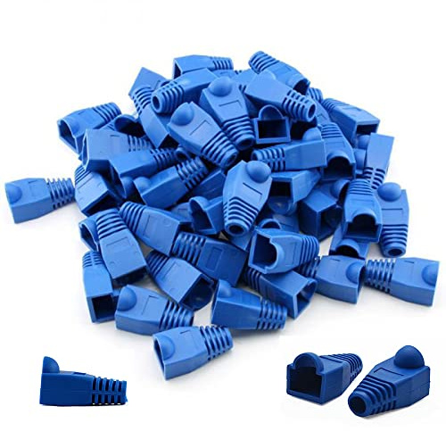 SagaSave Confezione da 100 stivali RJ45 con connettore per cavi, in plastica morbida Ethernet CAT5 CAT5E CAT6, protezione per spina antisforzo (blu)