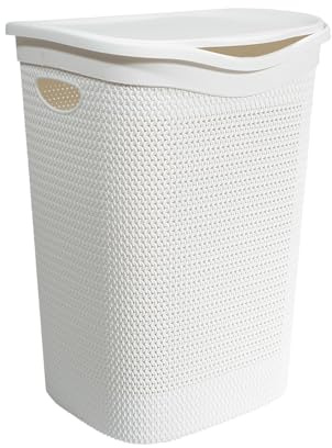Virsus Cesto Portabiancheria in Plastica Effetto Rattan, 39,5x37x54 cm, cesta rettangolare con coperchio, struttura Intrecciata per biancheria sporca in bagno, lavanderia, Hotel -4037F-1,8 (Bianco)