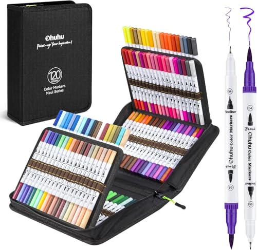 Ohuhu Filtpennor 120 färger, pennor med dubbla spetsar, penselpennor, filtpennor, set för barn och vuxna för journal, kalligrafi, manga, målarböcker och textning, Maui bärväska