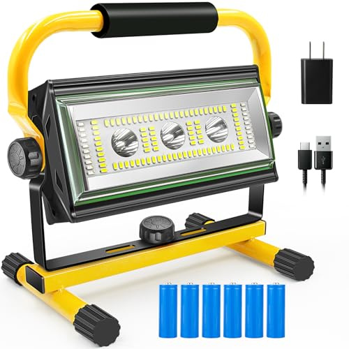 SYLSTAR Rechargeable Work Light, 80W 7000LM Super Bright LED With Stand, IPX5 Waterproof Portable Flood Light, 6 Modes for Outdoor Camping, Repairing, Workshop Job Site Lighting