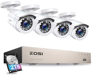 ZOSI 1080P Aussen Überwachungskamera Set mit Video Kabel, 8CH 2TB HDD DVR | mit 4X 2MP Outdoor Bullet Kamera Überwachung CCTV System Kabelgebunden, 24/7 Videoaufzeichnung, 24m IR Nachtsicht