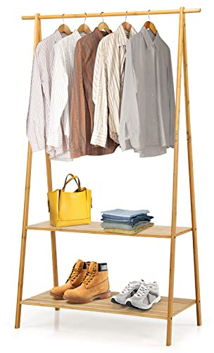 GOPLUS Bambus Kleiderständer, Garderobenständer mit Kleiderstange, Ablagen, freistehender Kleiderständer für Schlafzimmer, Flur, Natur, 101 x 45 x 160 cm