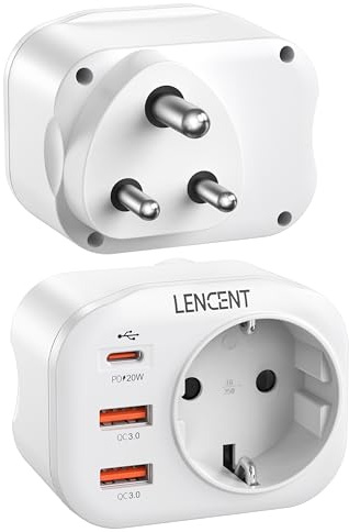LENCENT Reseadapter Sverige/EU till Indien, Typ D Travel Adapter | Snabb Laddning Plug med 2 USB QC3.0 + 1 Typ-C PD 20W, Socket Adapter Strömadapter för Sri Lanka, Indien, Nepal Uttag