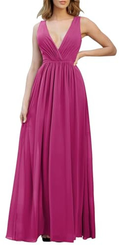 Vestidos de dama de honor con cuello en V, vestidos de gasa plisados, vestidos de invitados de boda, vestido de noche formal para mujer, fucsia, 56