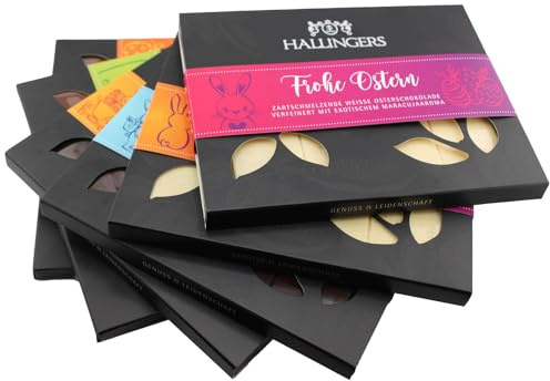 Hallingers Genuss Manufaktur Schokoladen-Mix Oster-Geschenk-Set - Selektion Tafeln aus handgeschöpftem Edelkakao ohne Alkohol im edlen Karton 6 Oster Tafeln, Ostern Körbchen für Frauen Männer