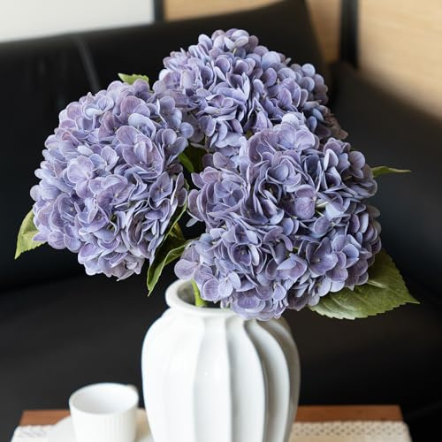 DUYONE Lot de 3 hortensias artificielles réalistes de 55,9 cm, pour extérieur, mariage, Noël, bureau, fête de famille, salon, décoration de table, violet clair