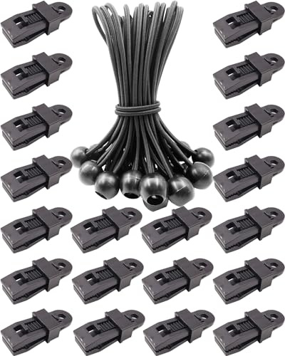 BINCKIN 40PCS Tarp Clip Bungee Cord with Ball, Black Reusable Awning Clips and Bungee Cords with Balls, Adjustable Tarpaulin Clips and Ball Bungees