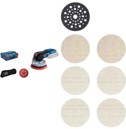 Bosch Professional 18V System GEX 18V-125 - Lijadora excéntrica a batería (Ø 125 mm, en L-BOXX) + 7 piezas Kit de iniciación Expert M480 (para Madera dura, Pintura sobre madera, grano 80/120/180)