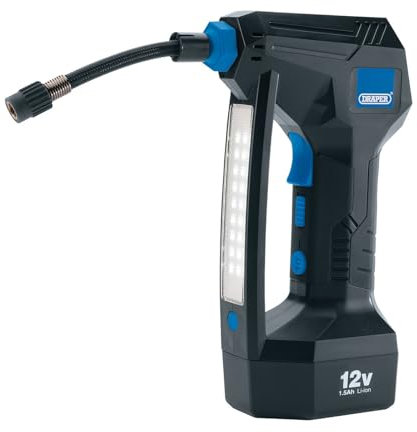 Draper 24239 12V Cordless Air Compressor, Tyre Inflator, LCD Digital Display, 150psi, Flashlight, Plus Accessories