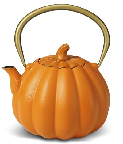 VICSKY Orangefarbene Gusseisen-Teekanne, natürliche Kürbisfarbe, sicherer japanischer Gusseisen-Teekessel mit Teesieb, kreative Halloween-Kürbis-Teekanne (1200 ml)