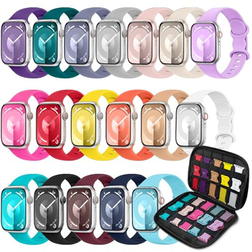 Lot de 18 bracelets de sport compatibles avec Apple Watch 40 mm, 41 mm, 38 mm, 46 mm, 45 mm, 44 mm, 42 mm, 49 mm, pour femmes et hommes, en silicone, iWatch avec étui de rangement pour iWatch Ultra