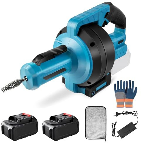 21V Trivella di Scarico Elettrica, Sonda Sturatubi per Stura Lavandini e Scarichi con 2 Batterie da 2600mAh e Spirale di Pulizia Macchina per Pulizia Tubi Lunga 7m per Diametro del Tubo 35-100mm