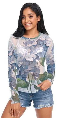 T-shirt transparent en maille pour femme avec motif fleurs d'hortensias, Multicolore, M