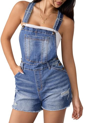Sovoyontee Latzhose Damen Kurz Retro Denim Overalls Jeanslatzhose Casual Verstellbare Träger Shorts Jumpsuit Hellblau XL