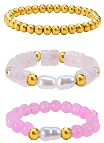 ZENGSING 3 Stück Natursteinringe für Damen, Naturstein Stretch Ring, Perlen Elastische Ring, Naturstein Stretch Ring, Kristall Perlenring it Perlen, Edelstein Perle Stapelbar Ring