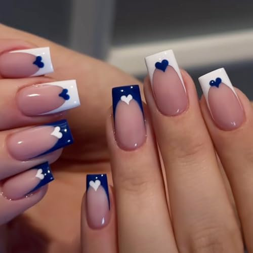 24PCS Short to Medium Square Press On Nails for Women, Blue and White French Tip Fake Nails with Heart Accents, Reusable Acrylic Stick On Nail Set with Natural Look
