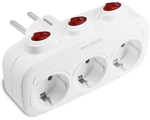 Zelkan Ladron Enchufe con 3 Tomas de Corriente en Horizontal - Regletas Enchufes con 3 Interruptores - Regleta con Enchufe Multiple para Pared sin Cable - Base enchufes Multiple - Blanco