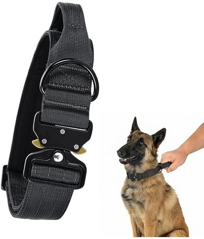 Tactical Dog Collar – Heavy Duty Military Dog Collar with Handle, Adjustable Nylon K9 Collar with Quick Release Metal Buckle, Soft Padded for Comfort – Strong Training Collar for Large Dogs (M/L/XL)