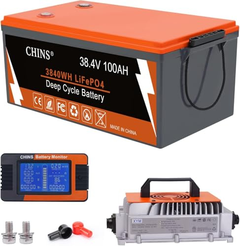 CHINS 36V Golf Cart Bluetooth LiFePO4 Battery, with 200A BMS, includes 36V 25A Lithium Charger and Monitor, 1000A Peak Current Perfect for Golf Cart, Trolling Motor etc