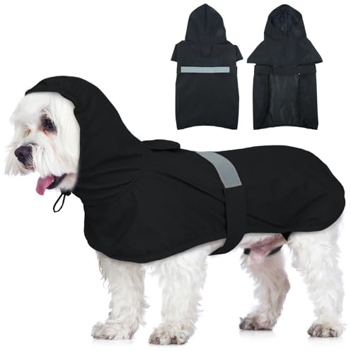 Lelepet Hund Regenmantel, wasserdichte Regenjacke für Kleine Hunde, Hunderegenmantel mit Reflektierendem Streifen, Regencape mit Kapuze Verstellbar Winddicht (Schwarz, S)