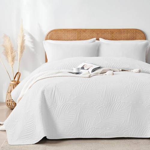 VIVA FINO Tagesdecke 220x240 cm,Weiß Ultrasonic Steppdecke,Leicht,Weich und Pflegeleicht,Doppelseitig,Bettüberwurf mit Blattmuster,Ideal für alle Jahreszeiten,Für Bett und Sofa