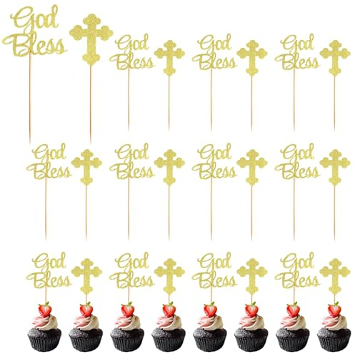 24pcs Golden God Bless and Cross Cupcake Toppers Glitter Cake Picks for Fruit Food Dessert Appetizer Baptism Christening Party Decors