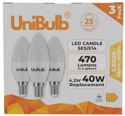 Unibulb E14 SES LED Candle Bulbs, 470 Lumens, Warm White 2700K, 4.2W, Replaces 40W, 25yr Lifespan (3)