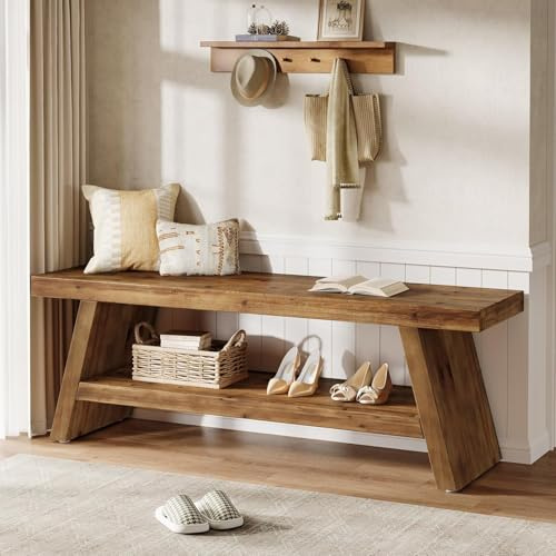 TRIBEWOOD Zweistufige Eingangsbank, Flurbank aus Massivholz mit offenen Regalen, Schuhbank aus Holz für den Innenbereich, geeignet für Eingangsbereich, Wohnzimmer, Schlafzimmer