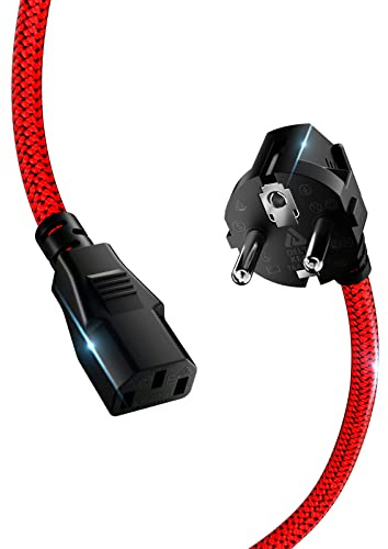 Goalfish Kaltgerätekabel 3 polig Typ F Eurostecker 90° auf C13, 1,0m, Nylon | Robust, Stromkabel Netzkabel, Kaltgerätestecker mit VDE, für PCs, Monitore, Drucker, Scanner, Bildschirme, Projektor, TV etc