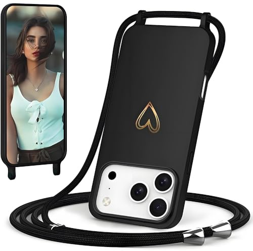 CaseLover Handyband kompatibel iPhone 17 Pro Max Hülle mit Band, Schwarz | Herz Muster, Silikon Necklace Handyhülle mit Abnehmbar Kordel zum Umhängen, Stossfest Bumper Handy Schutzhülle Case 6.9