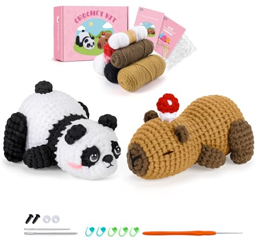 Fortuning's JDS Capybara Häkelset für Anfänger Erwachsene Kinder Strickset Capybara mit Anleitung Panda Strickset Tier Häkeln Strickset Tier Kit Häkeln Starter Kit Komplettset Panda