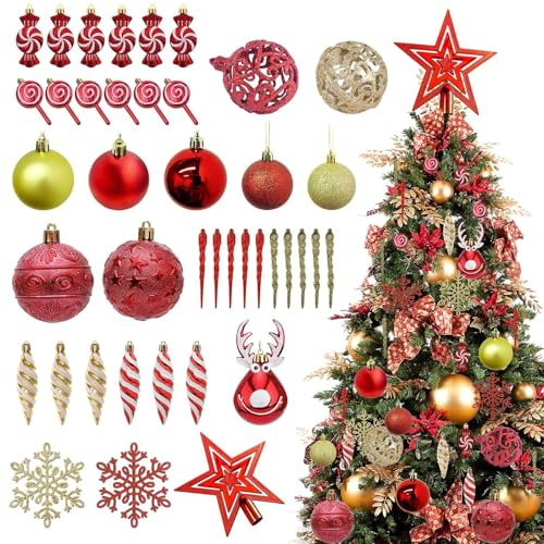 CaiTang 130Pcs Boule de Noël, Decoration Sapin Noël, Boule de Noël Or et Rouge, Boules de noël en Plastique Incassable pour Decoration noël Extérieur ou Intérieure, Décorations d'arbre de Noël